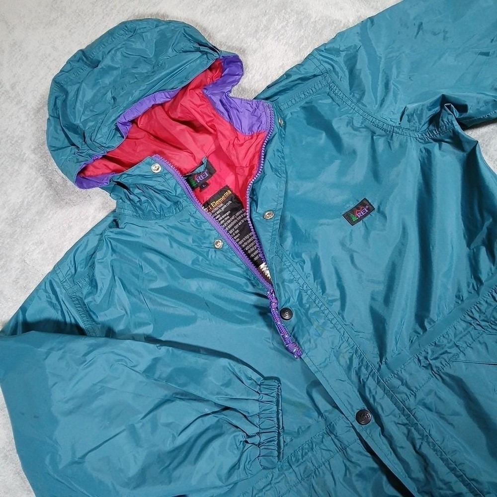 REI Elements Rain Jacket Kids Large 12/14 Teal Parka Outdoor Vintage 90s - Picture 2 of 15